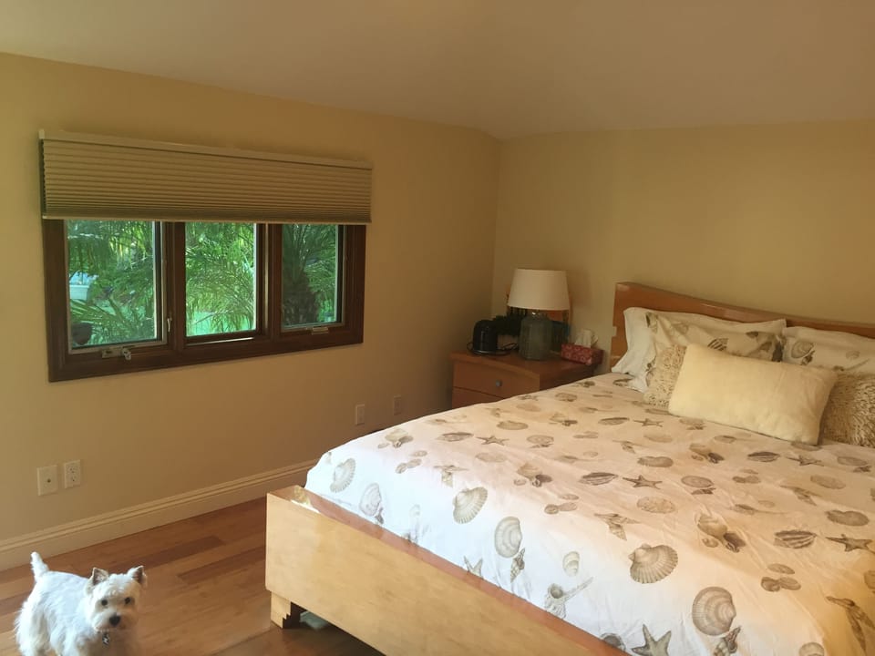  Comfortable CA King bed with plenty of windows.   Westie not included.
