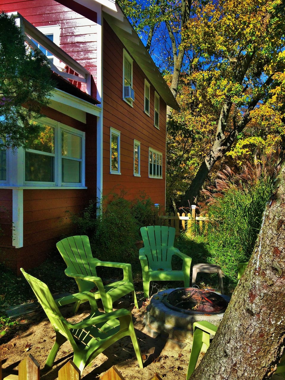 Outdoor fireplace is the perfect spot for s'mores or Michigan wine at night