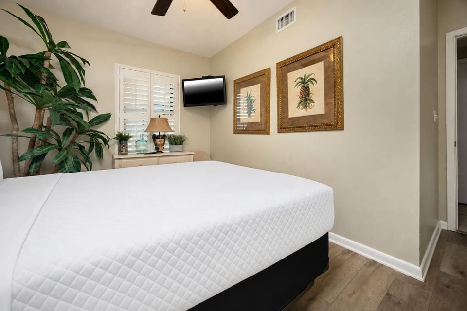 Inviting guest bedroom featuring a queen bed, a TV, and decorative accents for a restful stay