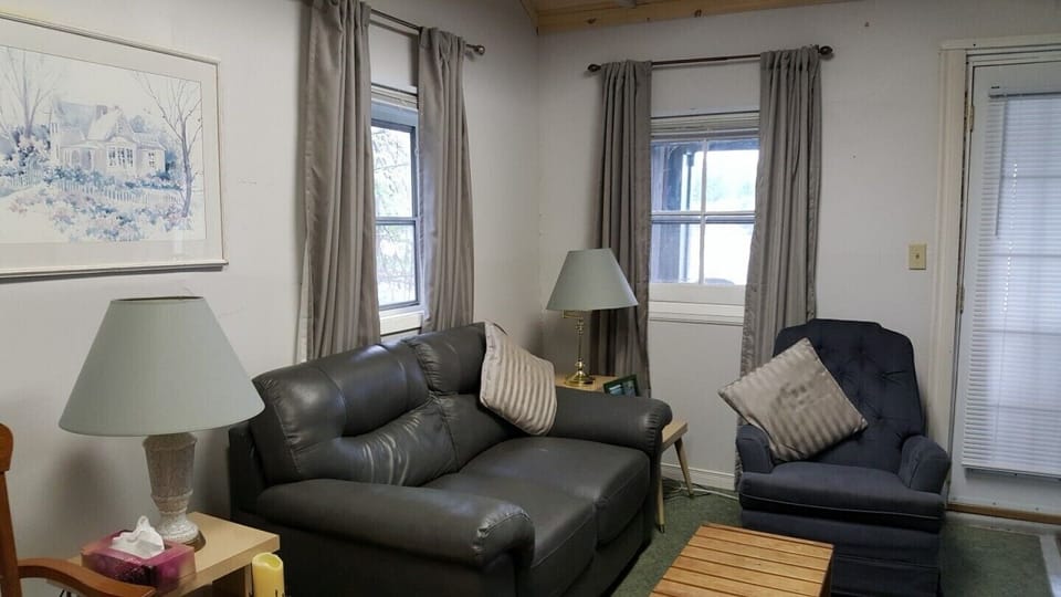 Living room with faux leather love seat and views of the lake
