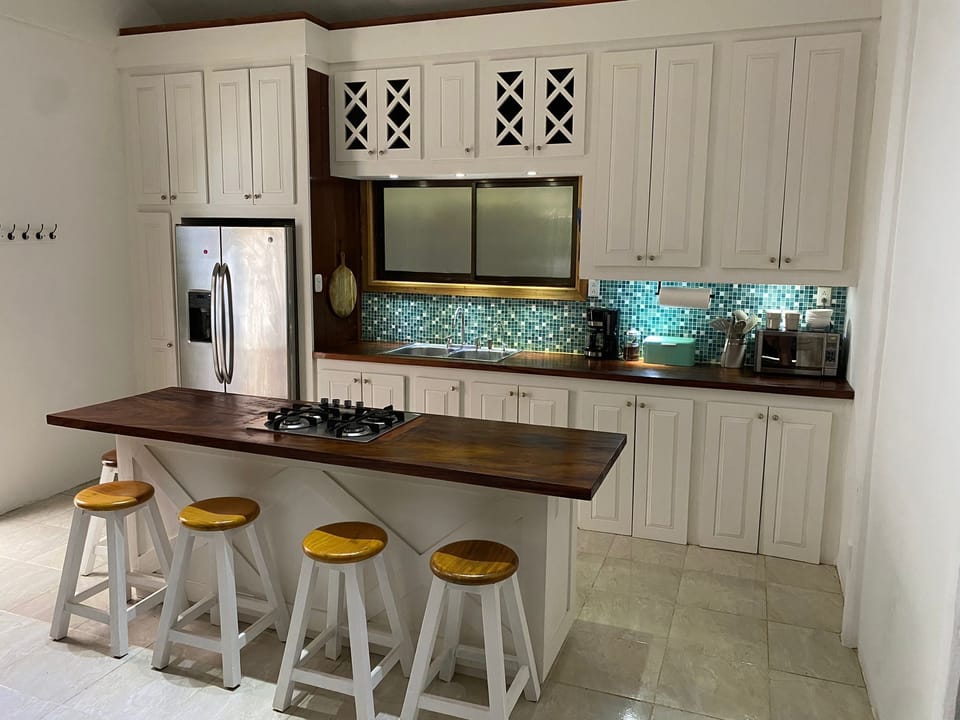 Kitchen with large fridge and stovetop