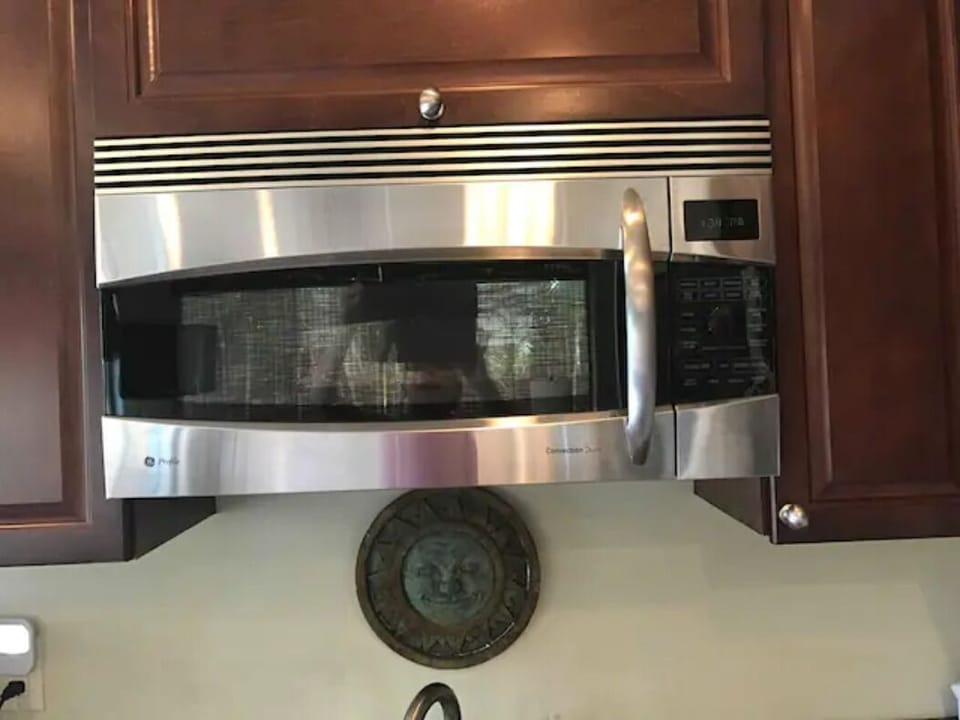 Kitchenette features a convection oven, microwave and induction cooktop or grill