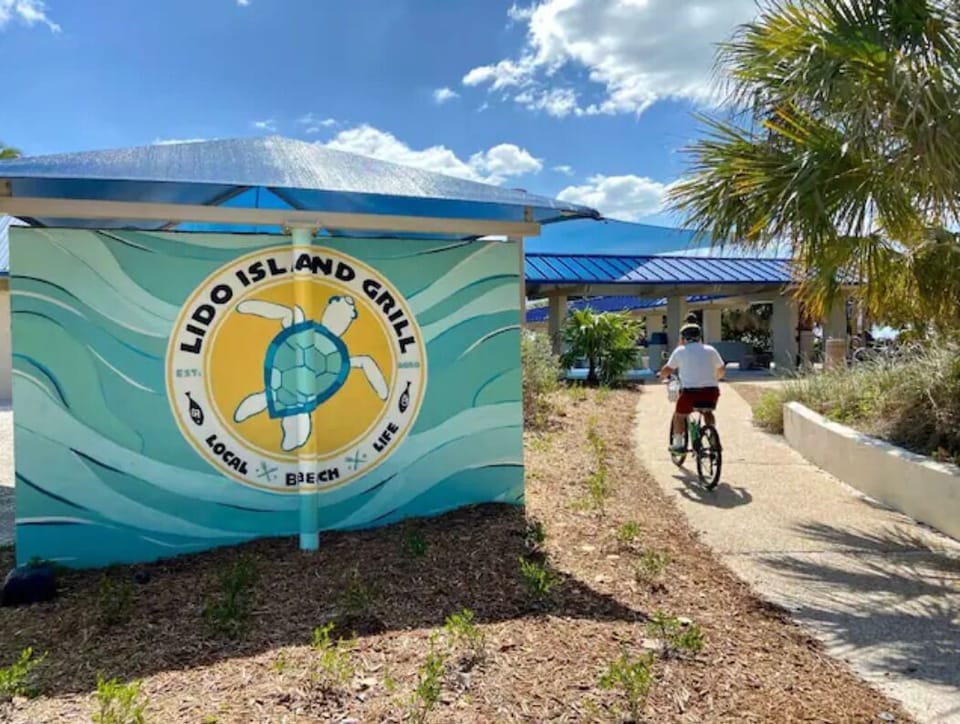 Lido Island Grill at the end of Grant Street where the pool meets the Gulf!