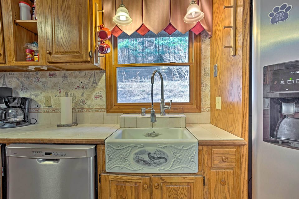 The space boasts stainless steel appliances.