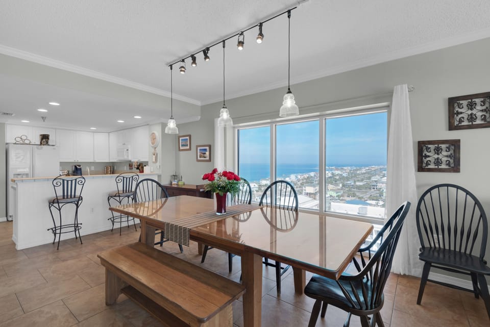 View from balcony into living room, large family room, sits 10 comfortably 