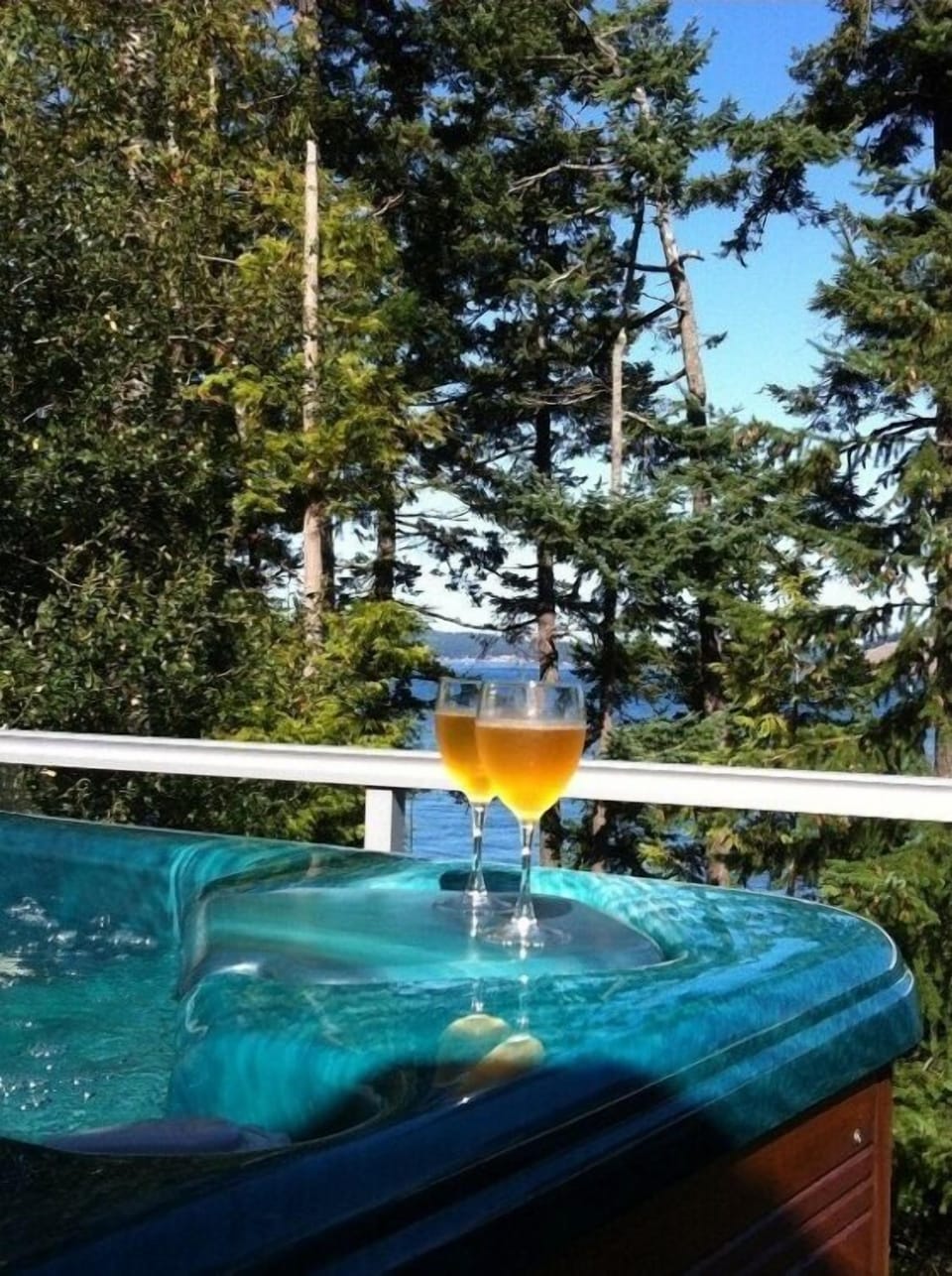 The hot tub accommodates six people, with a great view of the waterfront.