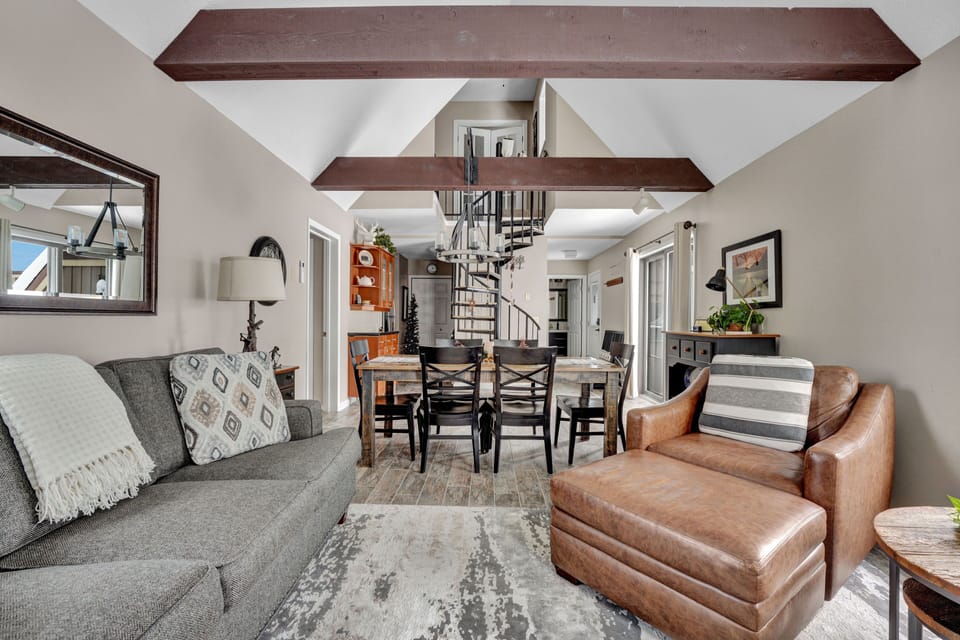 View from living area to dining area, stairs