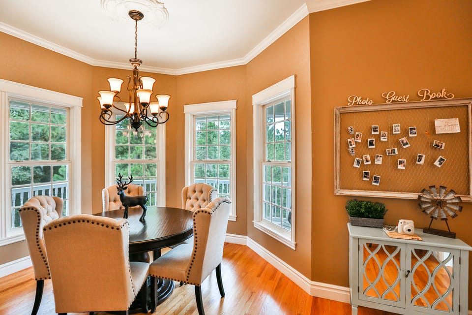 1 of 2 indoor eating areas, and a fun take on the guest book.