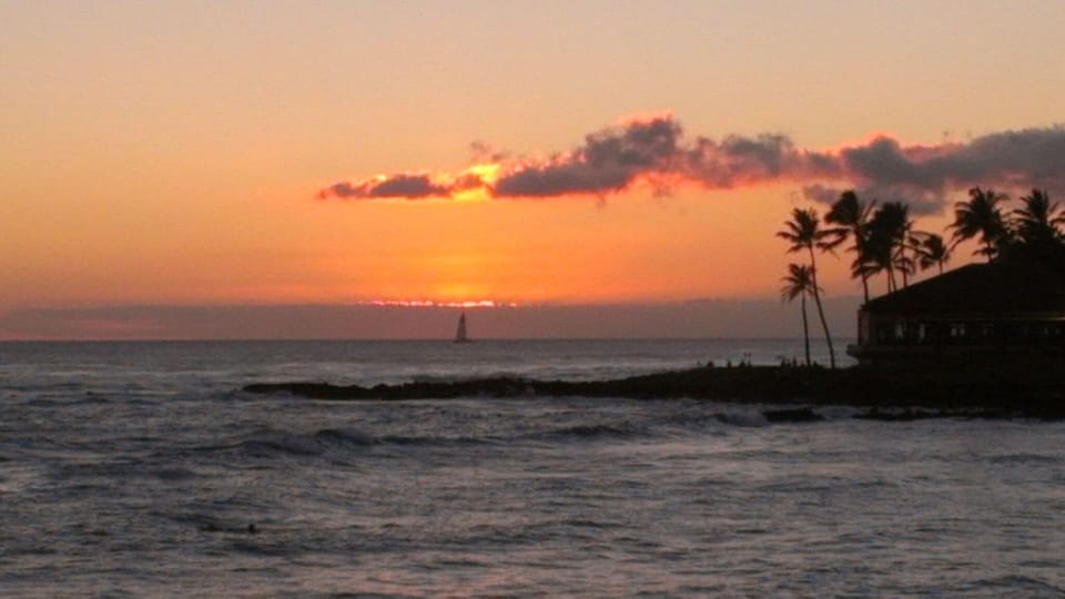 As the sun sets you may hear Hawaiian music from the Sheraton luau.