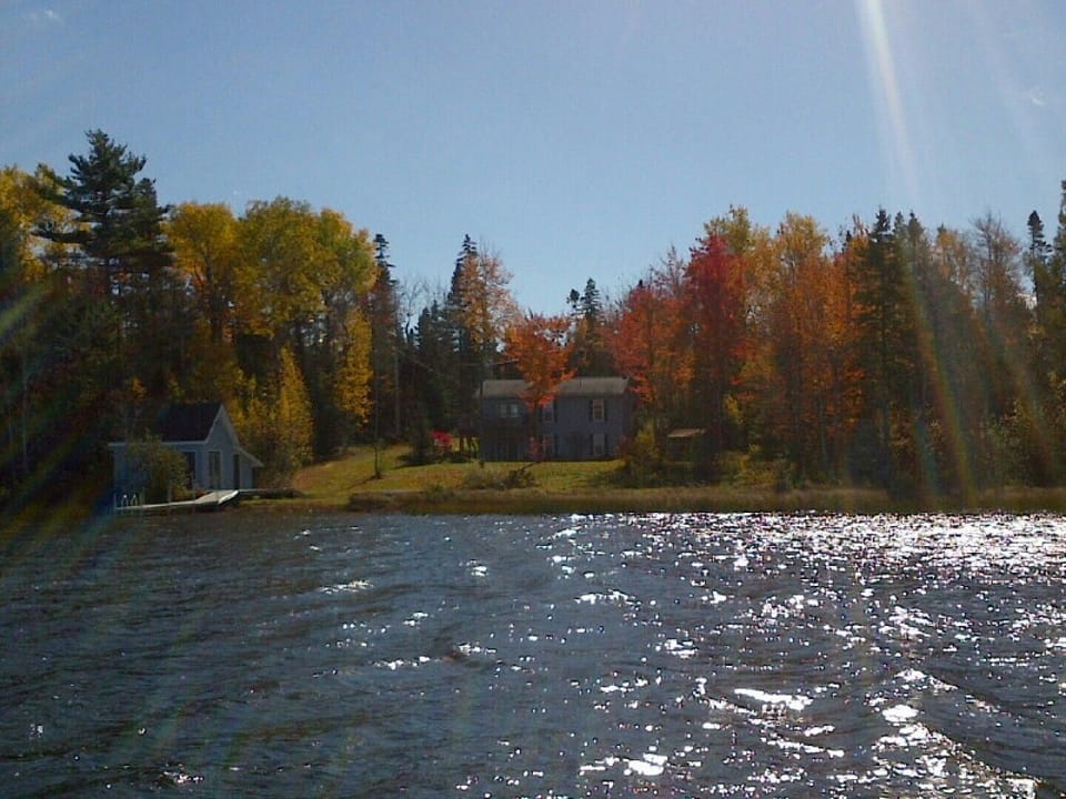 View of the cottage from the lake in fall. Beautiful year round!