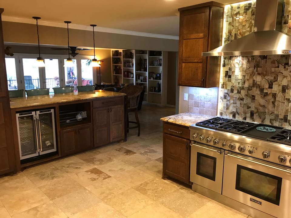 Kitchen, 6 burner Thermador range with griddle and double ovens, wine fridge