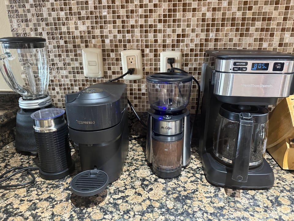 Coffee lovers heaven, like having a Starbucks! Drip, grinder and Nespresso 