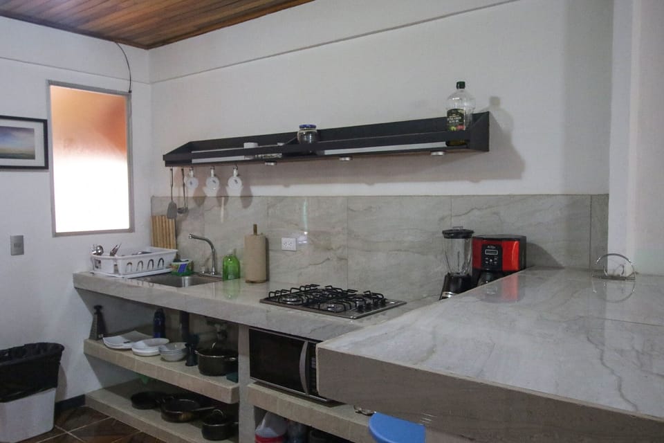 beautiful and clean finishes in the kitchen, coffee maker, blender, microwave 