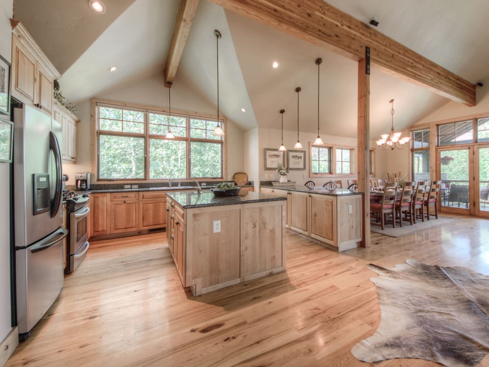 Kitchen, bar and dining areas