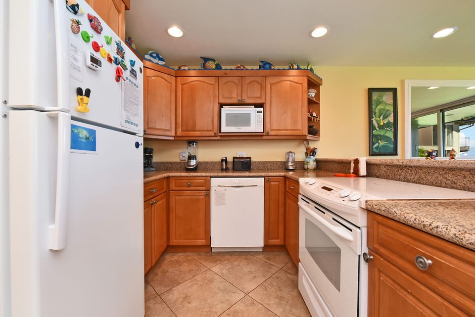 The #114 kitchen has all that you need (plus fish above the cabi - Granite counters, ceramic range top, microwave, full size dishwasher & fridge with ice maker