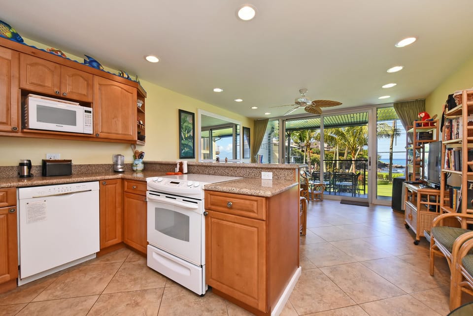 Full ocean view from #114 kitchen - Ocean view kitchen has table settings for 8, plus ample storage