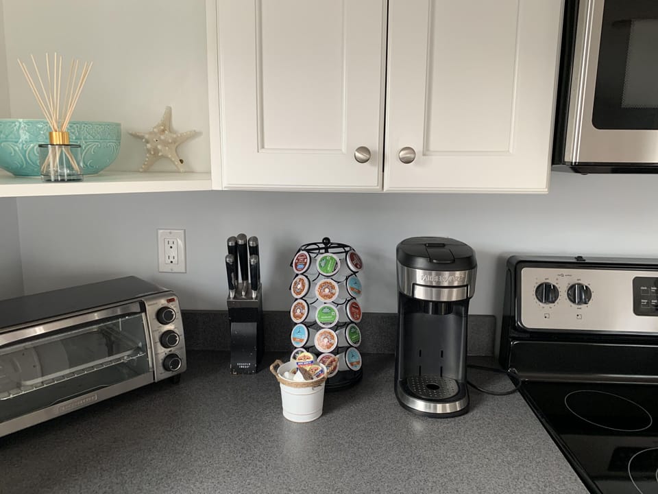 We stock both a Keurig Machine and Drip Coffee Pot for your pleasure.