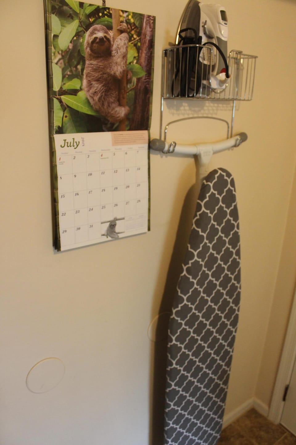 Full size ironing board and quality iron w steam provided