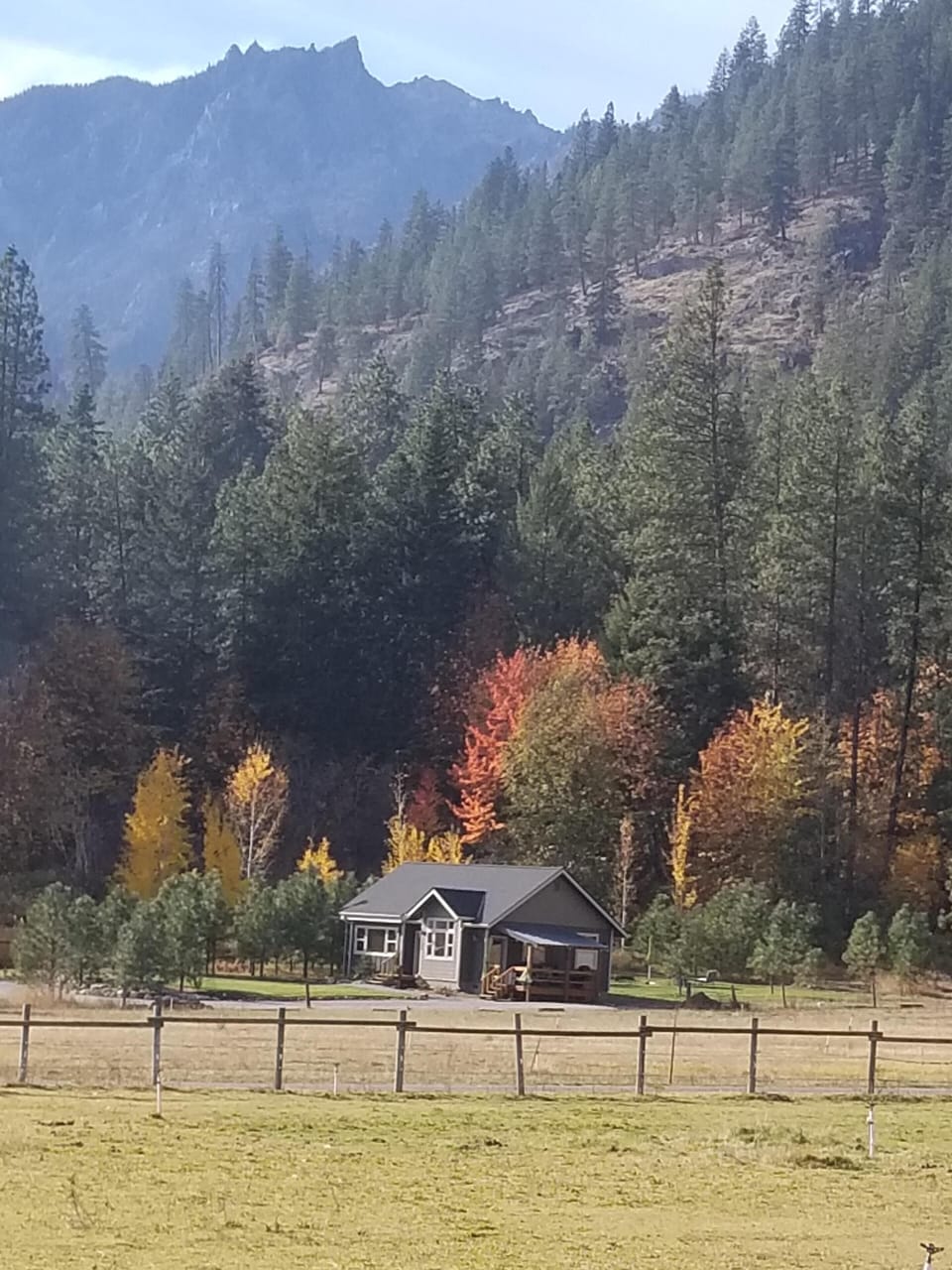 Our cabin looking towards Sleeping Lady Mountain..see her?