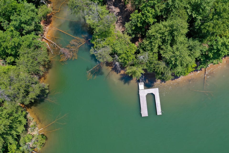 Aerial view of dock and cove, great for relaxing and enjoying the water.