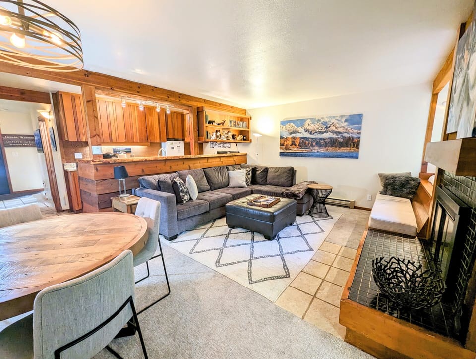 Living and dining area looking into kitchen