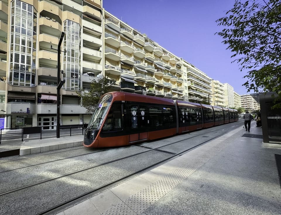 Tram at Lenval stop at rear of building to airport or central Nice and Port