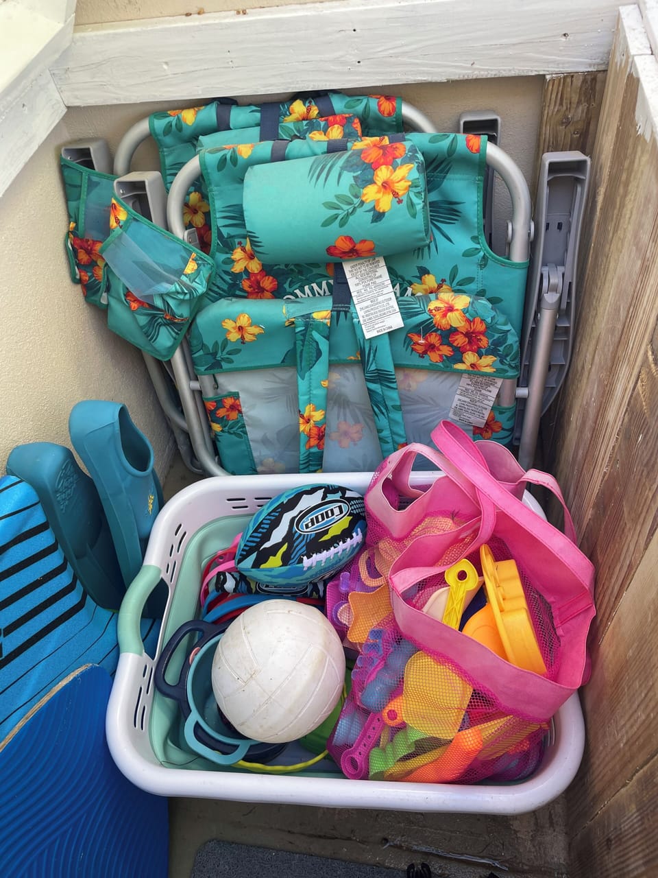 Beach chairs, sand toys and assorted sports toys