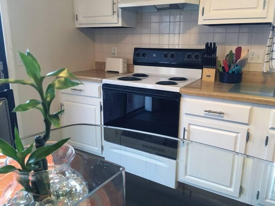 Electric stove with black cooktop set between white cabinetry and beige countertops in the kitchen.