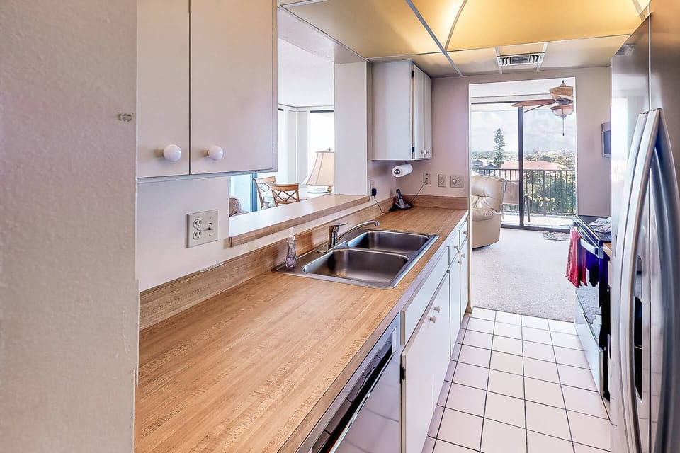 Kitchen with a view!!  New stainless refrigerator.