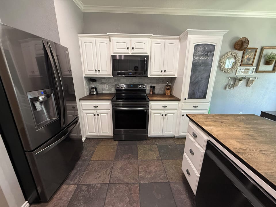 High end, black stainless appliances