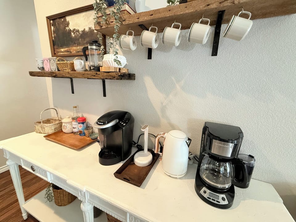 Coffee pot, French press, hot water kettle, water dispenser, grinder, and cold c