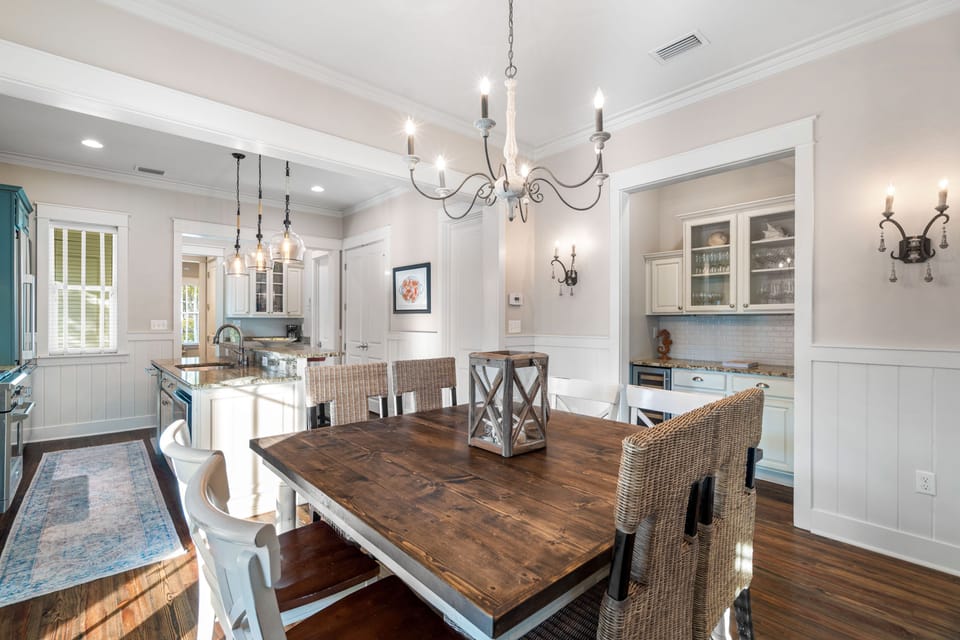 The dining area flows into the kitchen for easy service