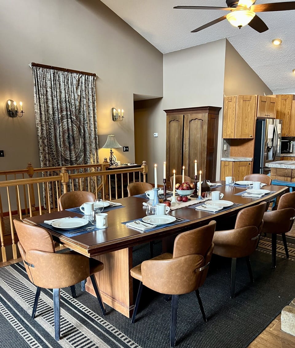 The dining area and kitchen have an open layout.