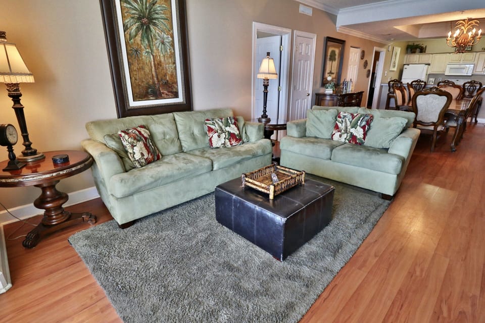 Sleeper sofa in the living room, pulls out into a queen size bed.