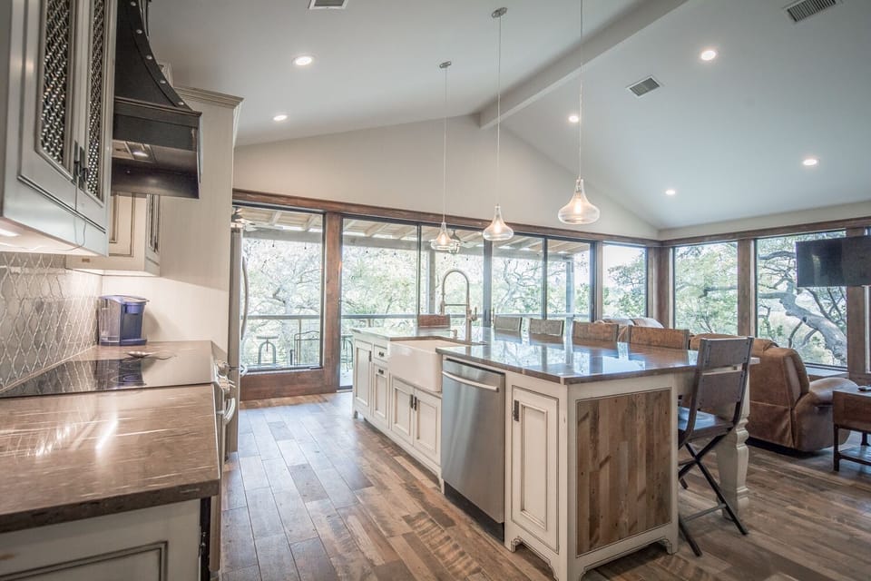 Kitchen opens into living room