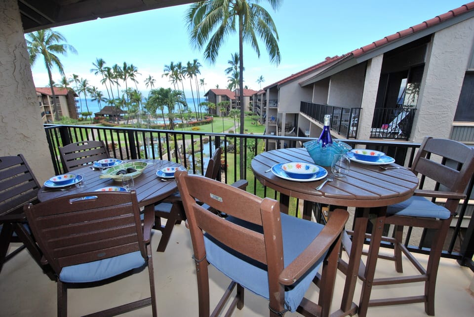 A glass wall opens up to new Lanai furniture that was purchased in 2022.
