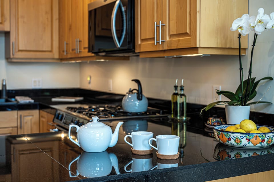 Kitchen with modern appliances - Wooden cabinets, black countertops, and small decorative accents create a warm and inviting kitchen space.