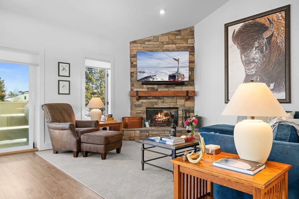 Living Room With Wood Burning Fireplace - Mid Level