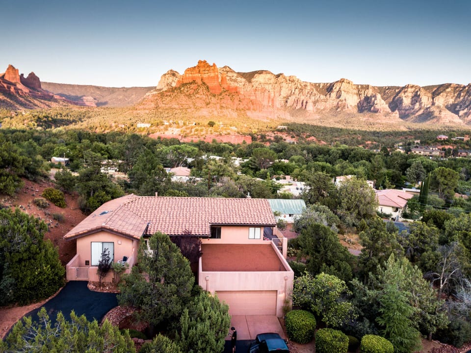 Aerial view of the home with amazing red rock views throughout the house.