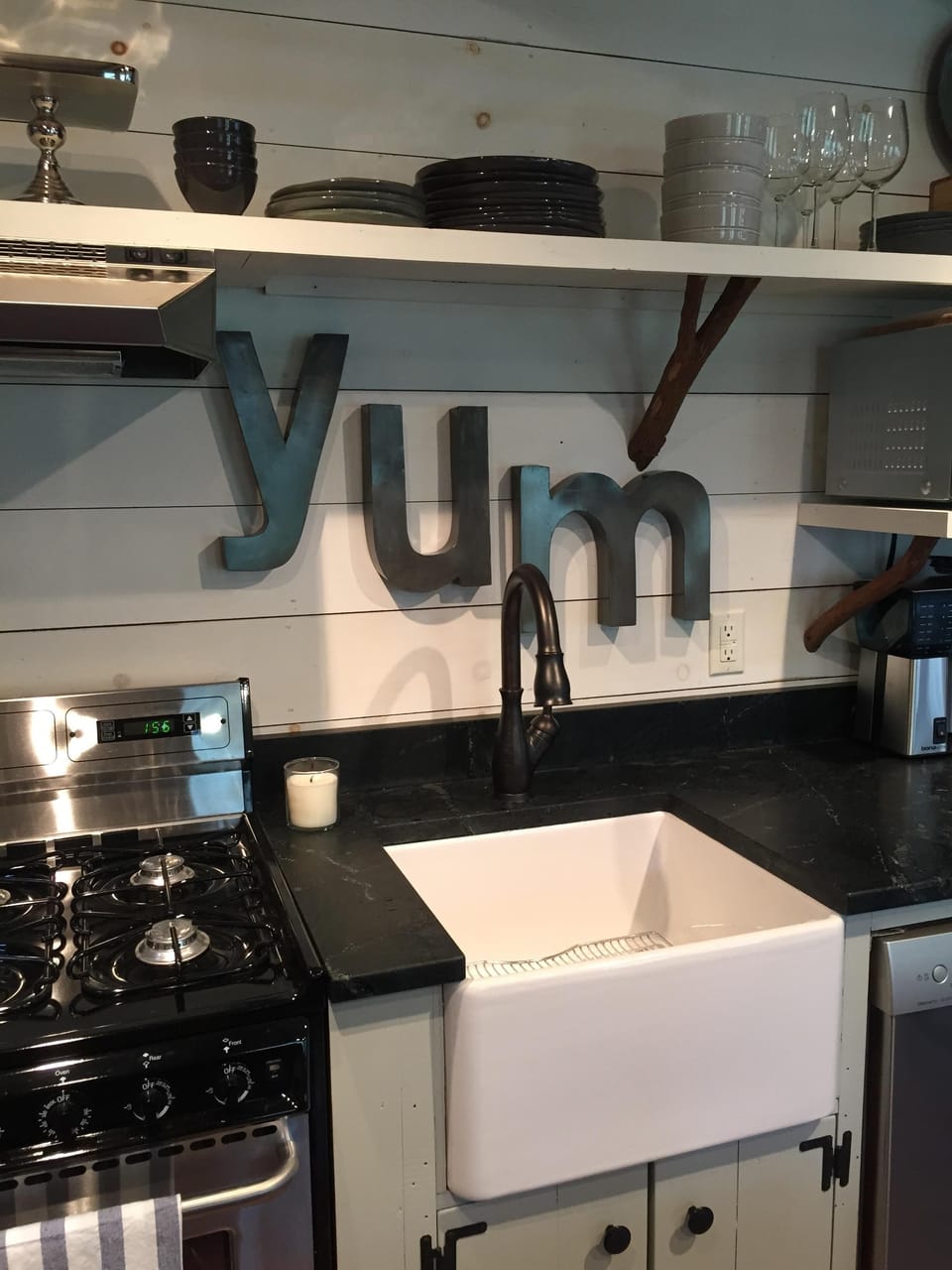 Soapstone countertops, gas cooking, sweet little apron front sink...