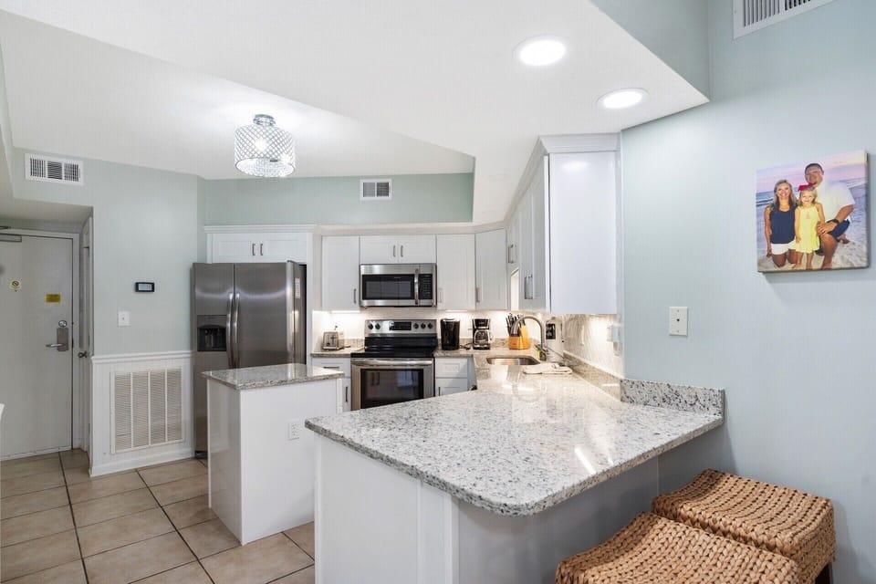 Newly renovated, fully stocked kitchen. Coffee pot, Keurig, crock pots & more.