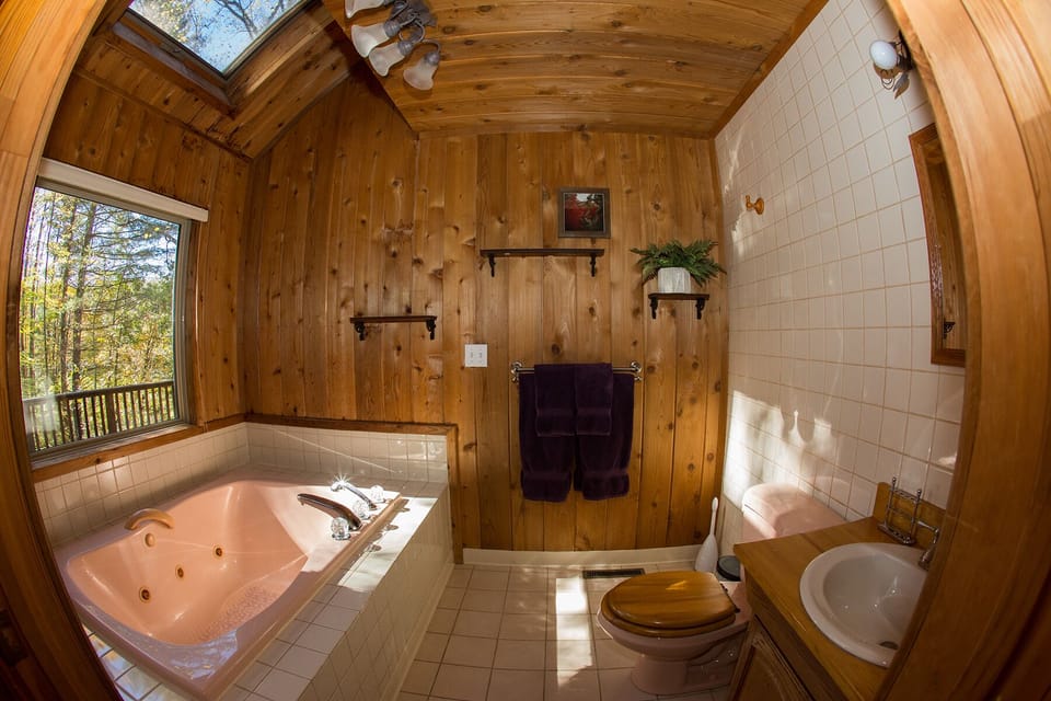 Verdant views from master bathroom with large Jacuzzi, skylight, and warm cedar