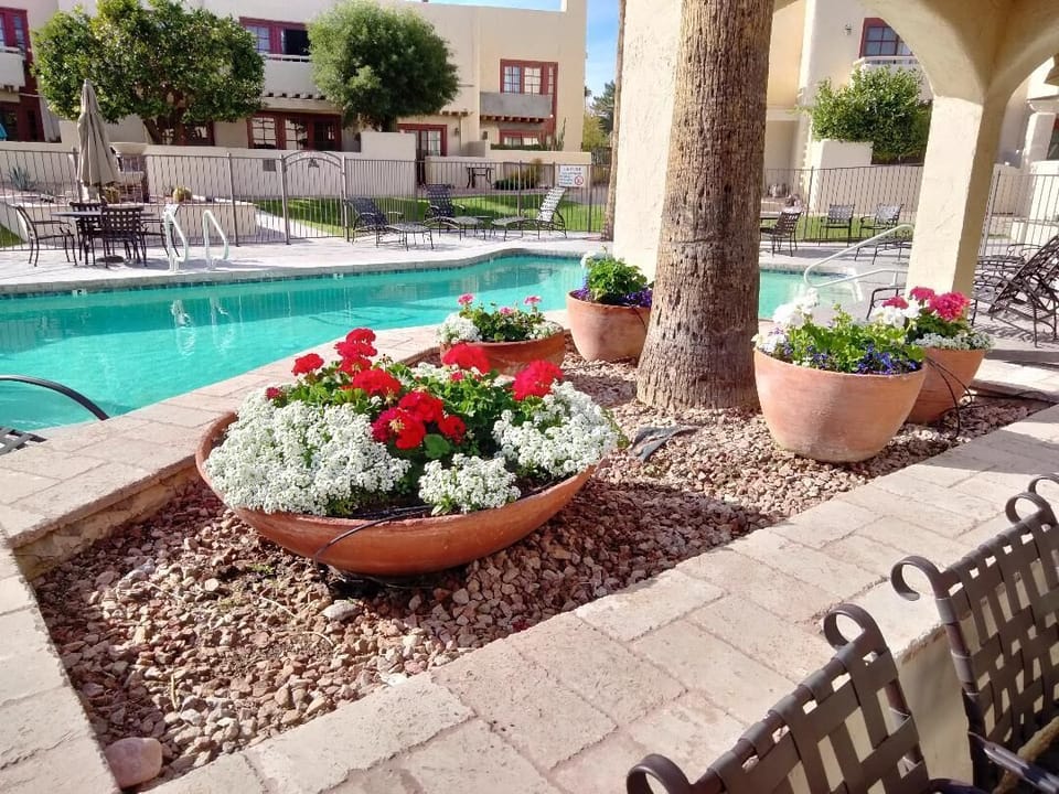 Sparkling pool and heated spa, washrooms at pool area