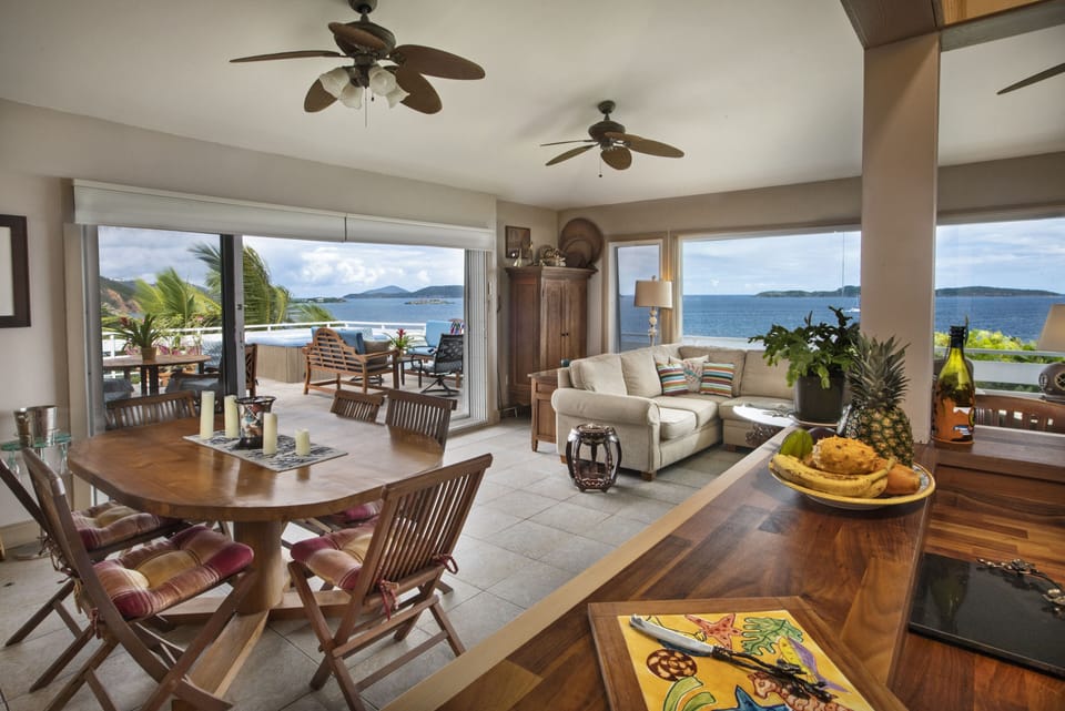Great room and views of upper deck and islands beyond

