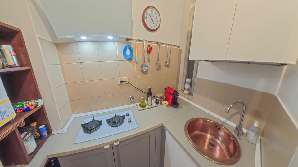 Compact kitchenette with hob, fridge, microwave, coffee machine, and essentials