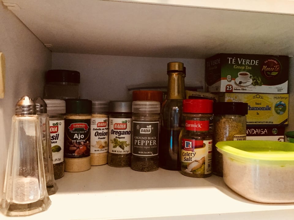 A good selection of spices, sugar, teas, if you are inclined to cook!