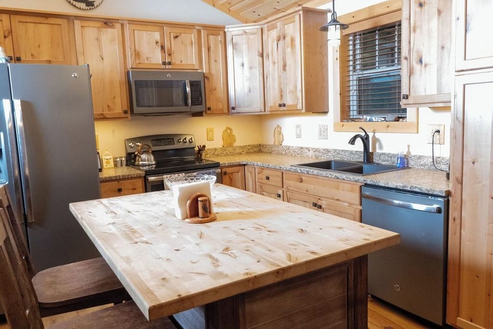 View of the kitchen featuring an island.