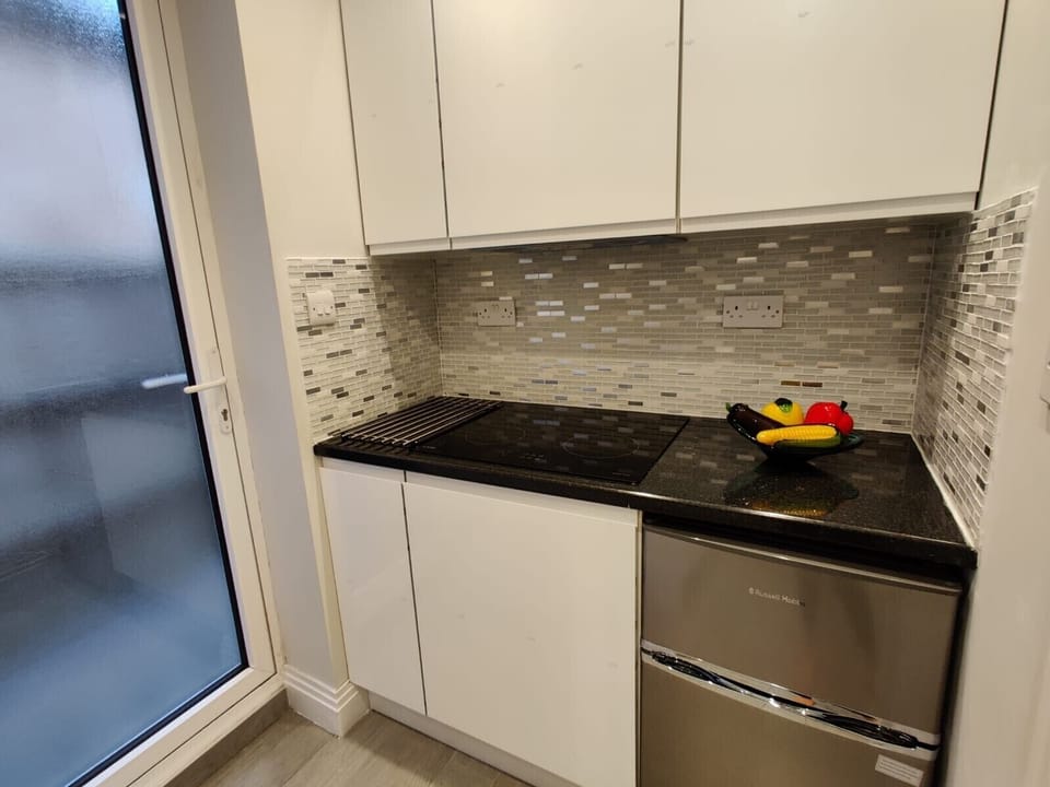 Kitchen with fridge freezer, induction hob. 

