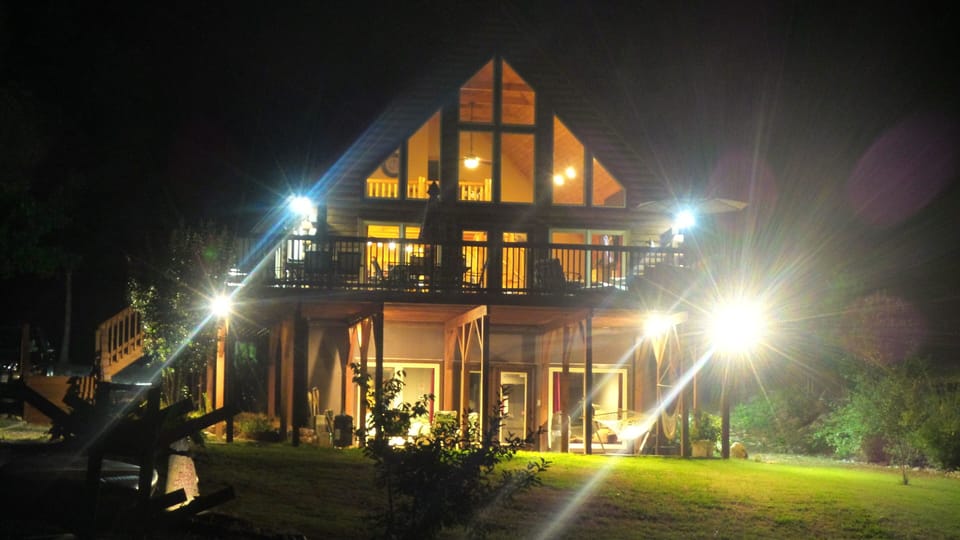 Lake house at night