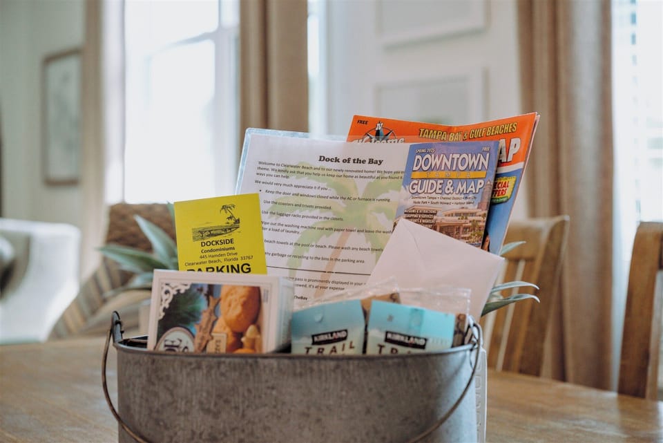 Guest information, parking pass, and tips for dining and activities.